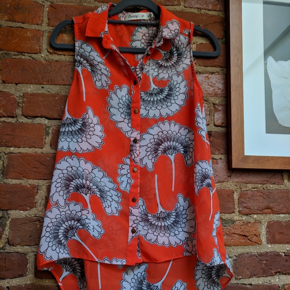 Retro Orange Flower Print Sleeveless Blouse